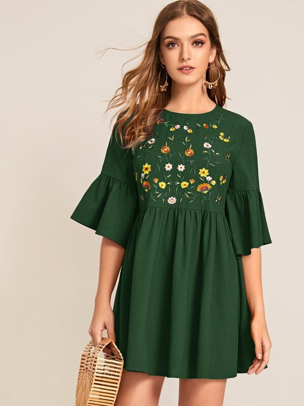 

Embroidered Floral Flounce Sleeve Smock Dress, Green, Luiza