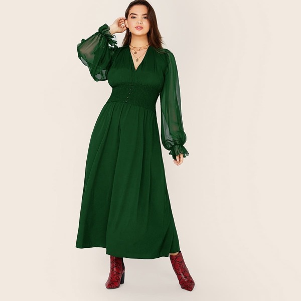 

Plus Sheer Sleeve Shirred Waist Maxi Dress, Green