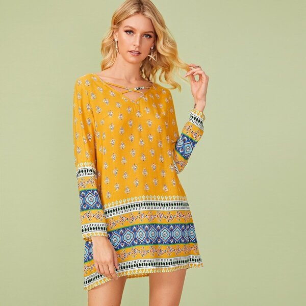 

Crisscross Neck Tribal Print Dress, Yellow bright