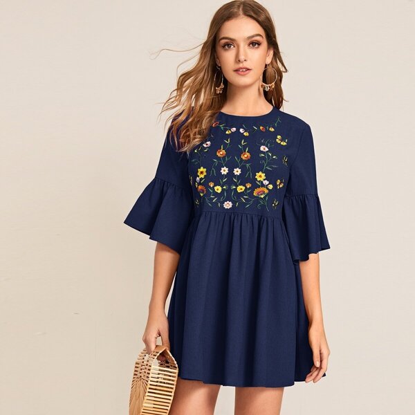 

Embroidered Floral Flounce Sleeve Smock Dress, Navy
