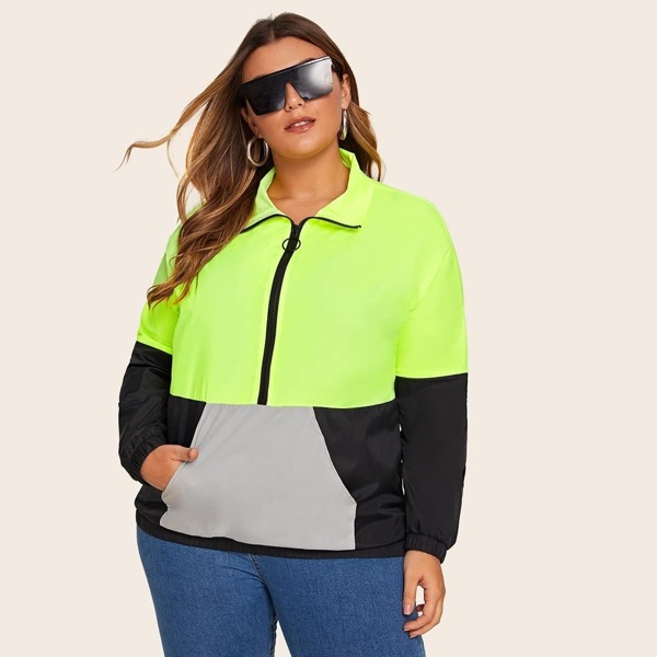 

Plus Zipper Front Pocket Detail Colorblock Jacket, Multicolor bright
