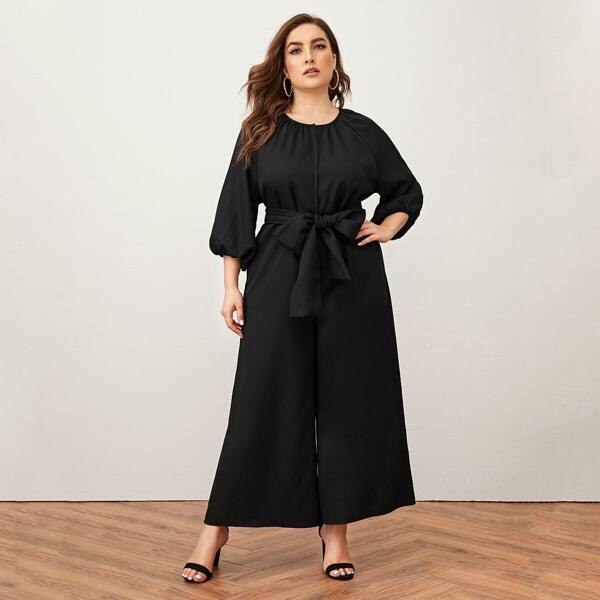

Plus Press Buttoned Lantern Sleeve Self Belted Culottes Jumpsuit, Black