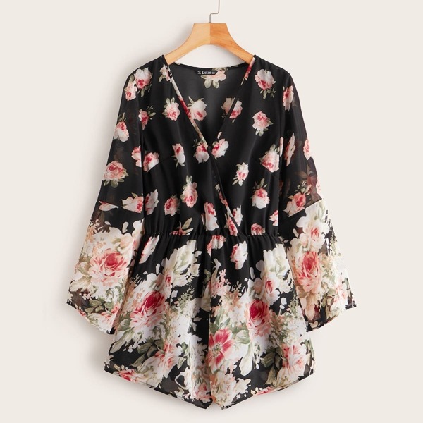 

Flounce Sleeve Floral Print Chiffon Romper, Multicolor