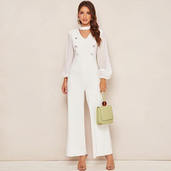 

Choker Neck Double Button Wide Leg Jumpsuit, White