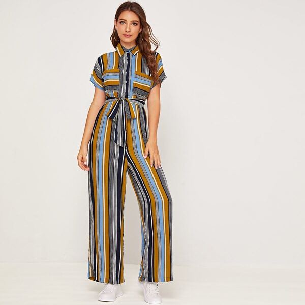 

Dual Pocket Front Striped Belted Shirt Jumpsuit, Multicolor