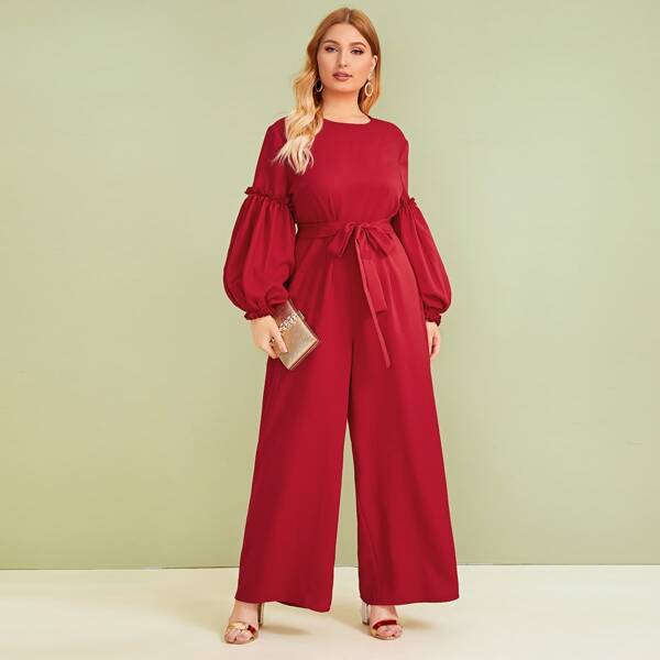 

Plus Frill Trim Lantern Sleeve Wide Leg Jumpsuit, Red bright