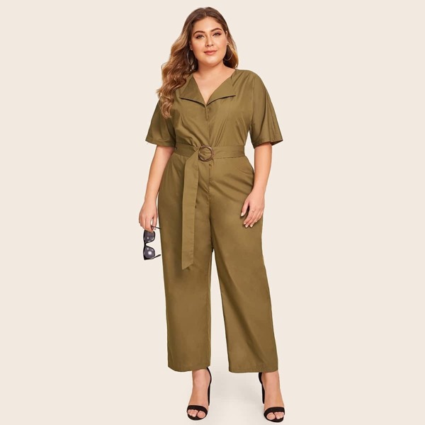 

Plus Draped Collar O-ring Belted Jumpsuit Without Bag, Khaki