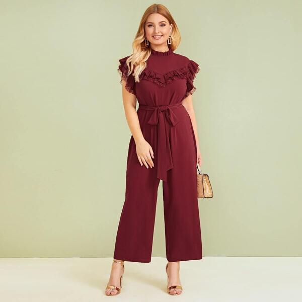 

Plus Lace Trim Ruffle Belted Jumpsuit, Burgundy