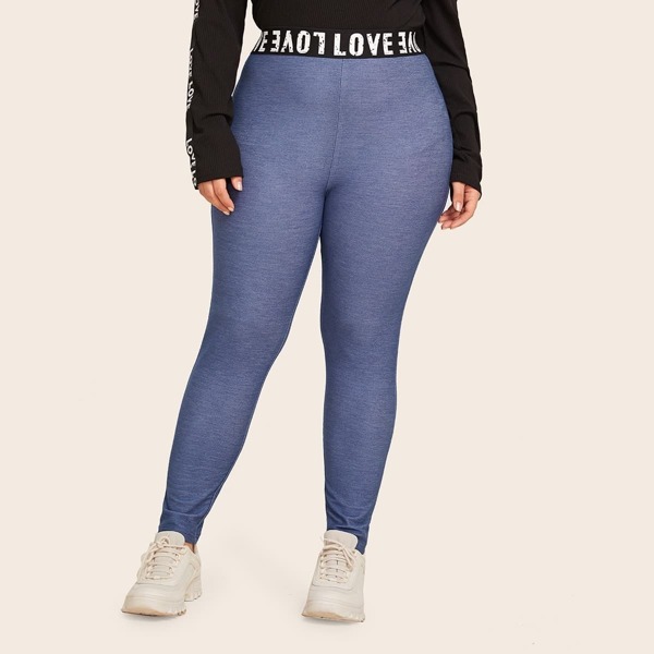 

Plus Letter Tape Waist Leggings, Blue