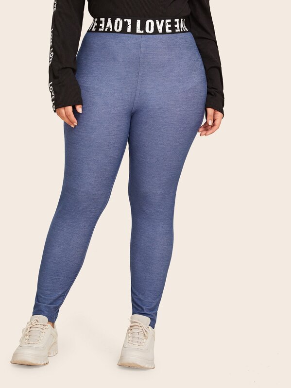 

Plus Letter Tape Waist Leggings, Blue, Carol