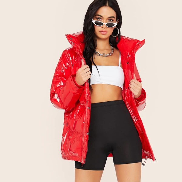 

Single Breasted Drawstring Hem Puffer Coat, Red bright