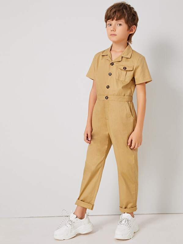 

Boys Flap Pocket Button Front Cargo Jumpsuit, Khaki, Bogdan