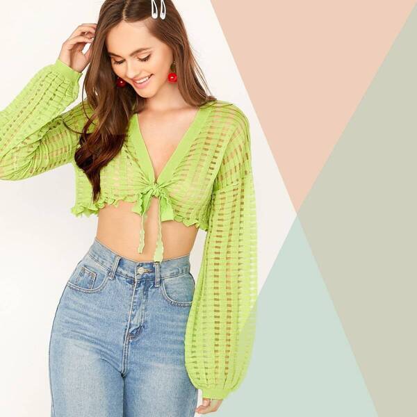 

Plunging Neck Tie Front Sheer Mesh Insert Crop Cardigan, Green bright