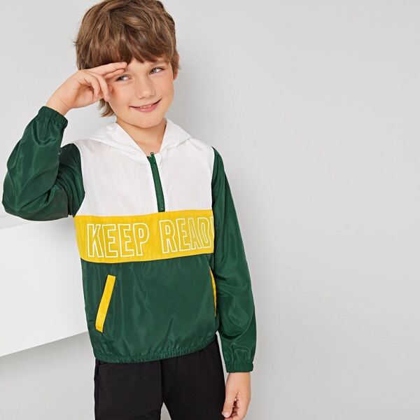 

Boys Letter Colorblock Half Zipper Hooded Windbreaker Jacket, Multicolor