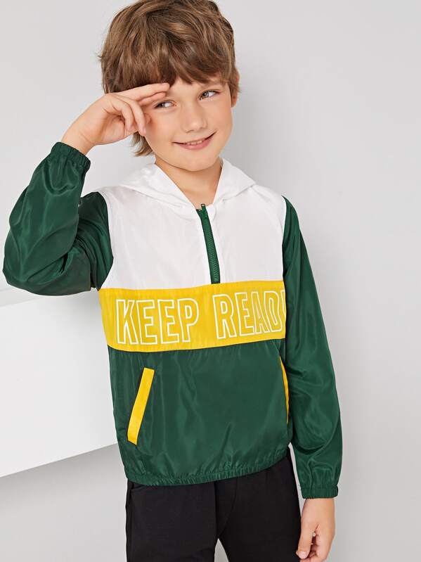 

Boys Letter Colorblock Half Zipper Hooded Windbreaker Jacket, Multicolor, Bogdan