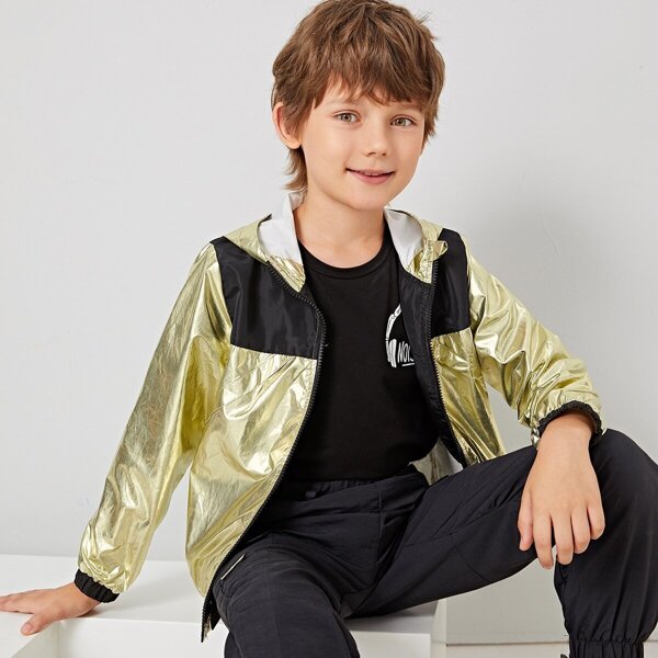 Boys Zip Up Colorblock Metallic Hooded Jacket, Gold