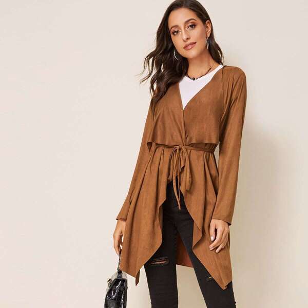

Draped Collar Tie Waist Suede Coat