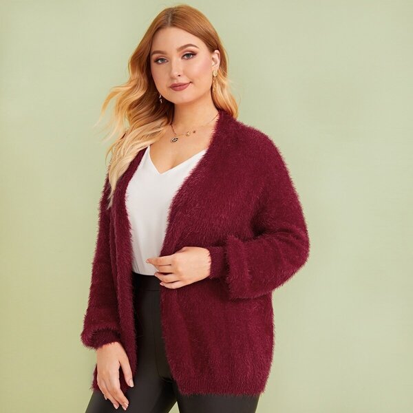 

Plus Drop Shoulder Open Front Fuzzy Cardigan, Burgundy