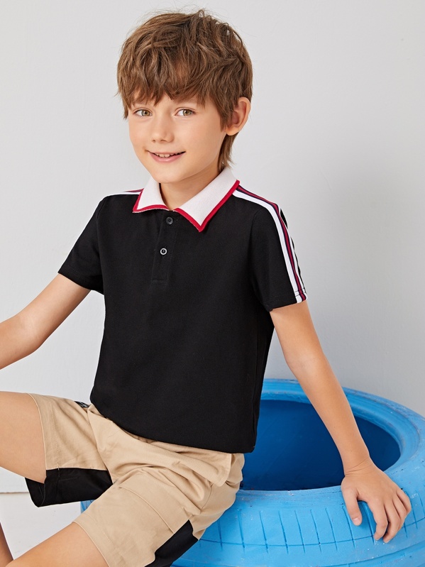 

Boys Contrast Collar Striped Tape Detail Polo Shirt, Black, Bogdan