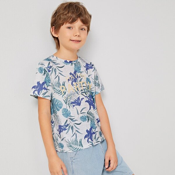 

Boys Slogan and Botanical Print Top