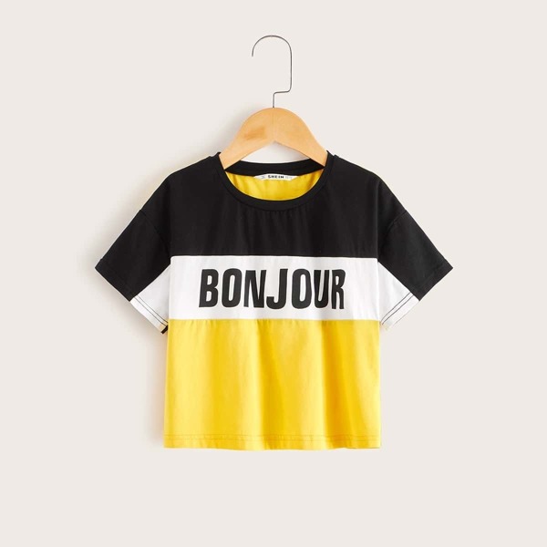 

Girls Drop Shoulder Letter Print Colorblock Top