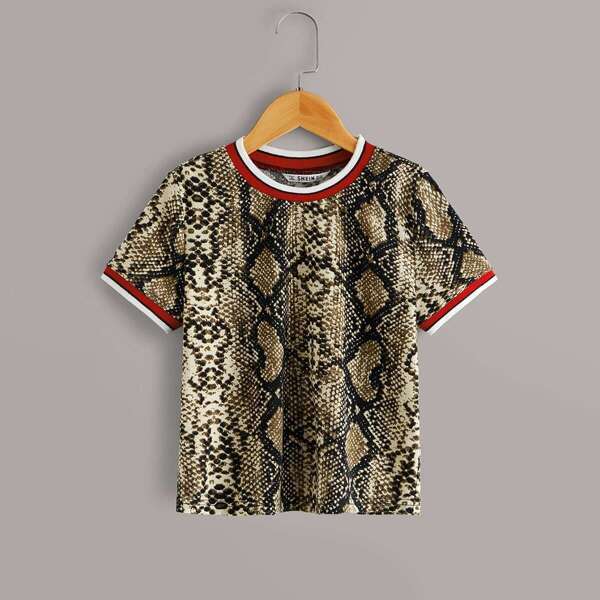 

Girls Contrast Trim Snakeskin Print Tee, Multicolor