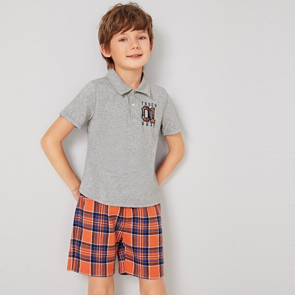 

Boys Patched Embroidery Detail Polo Shirt & Plaid Shorts Set, Multicolor