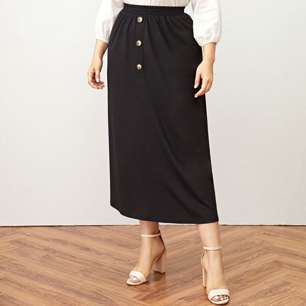 

Plus Button Front Solid Skirt, Black