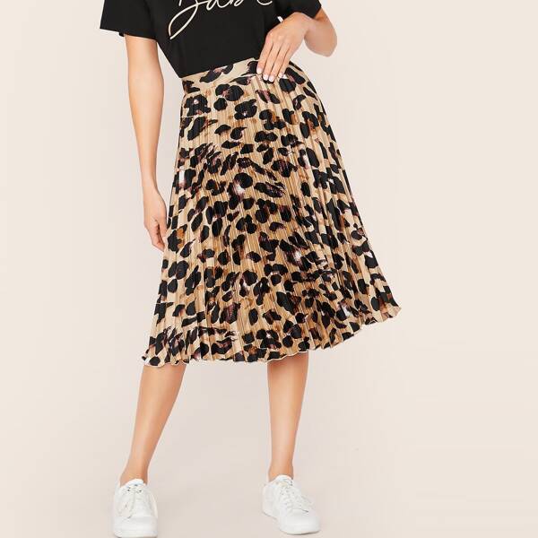 

Leopard Pleated Satin Skirt, Multicolor