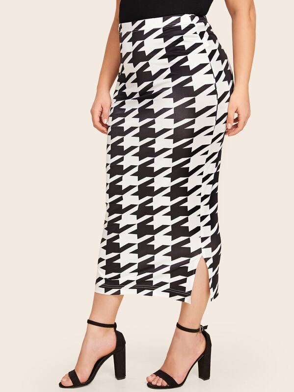 

Plus Split Side Houndstooth Bodycon Skirt, Black and white, Carol