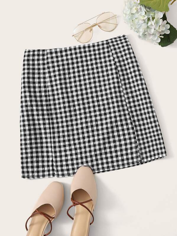 

Zip Back Gingham Print Skirt, Black and white