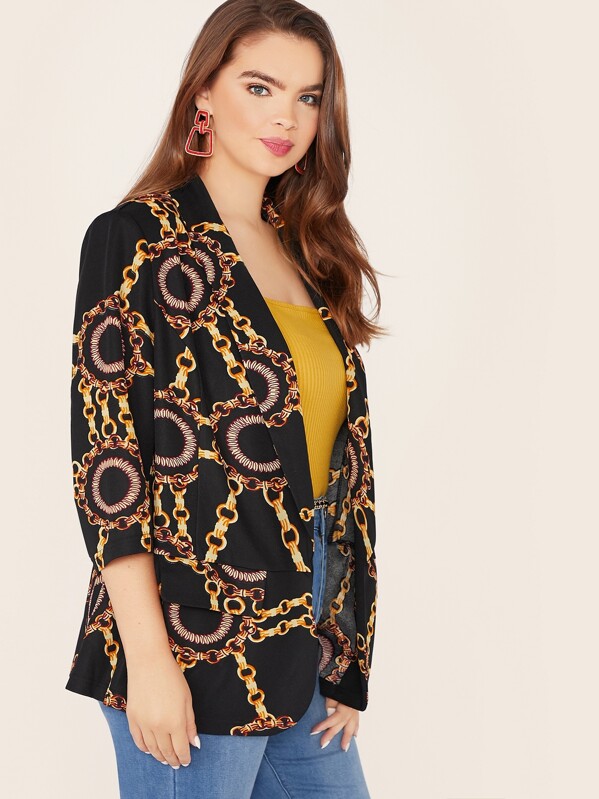 

Plus Shawl Collar Chain Print Blazer, Black, Faith Bowman