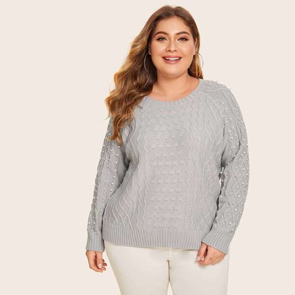 

Plus Pearls Beaded Textured Sweater, Grey