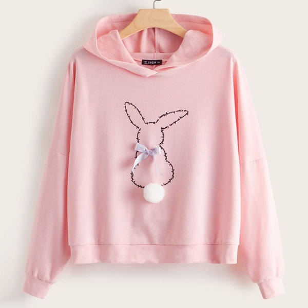 

Plus Pompom and Bow Detail Cartoon Graphic Hoodie, Pink pastel