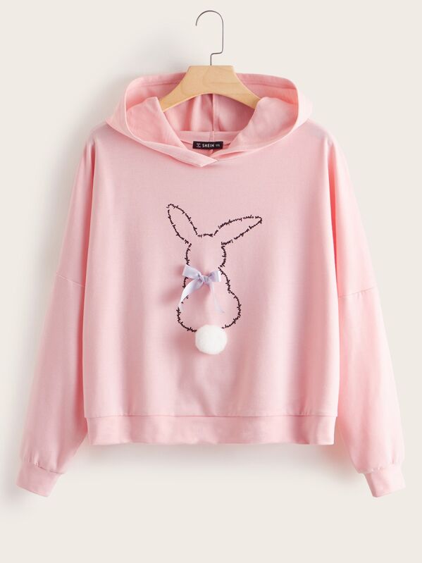 

Plus Pompom and Bow Detail Cartoon Graphic Hoodie, Pink
