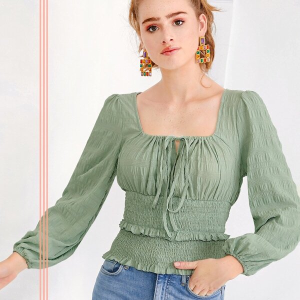 

Tie Neck Shirred Waist Layered Ruffle Trim Blouse, Green pastel
