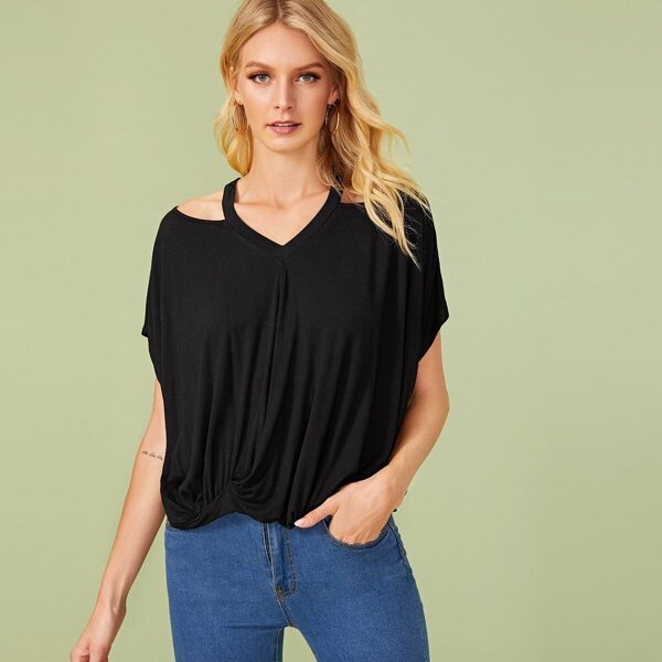 

Solid Cut Out Shoulder Draped Hem Top, Black