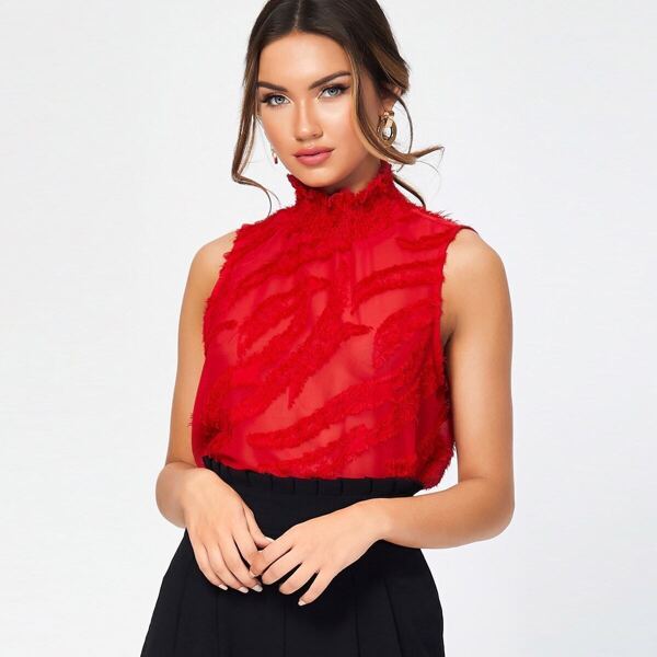 

Shirred Neck Fuzzy Top, Red bright