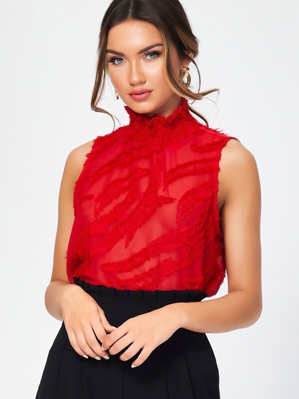 

Shirred Neck Fuzzy Top, Red, Kehaulani