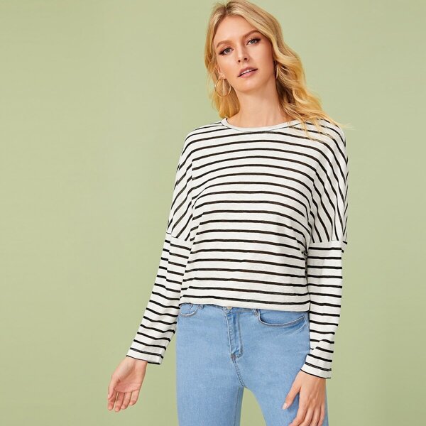 

Drop Shoulder Striped Tee, Black and white