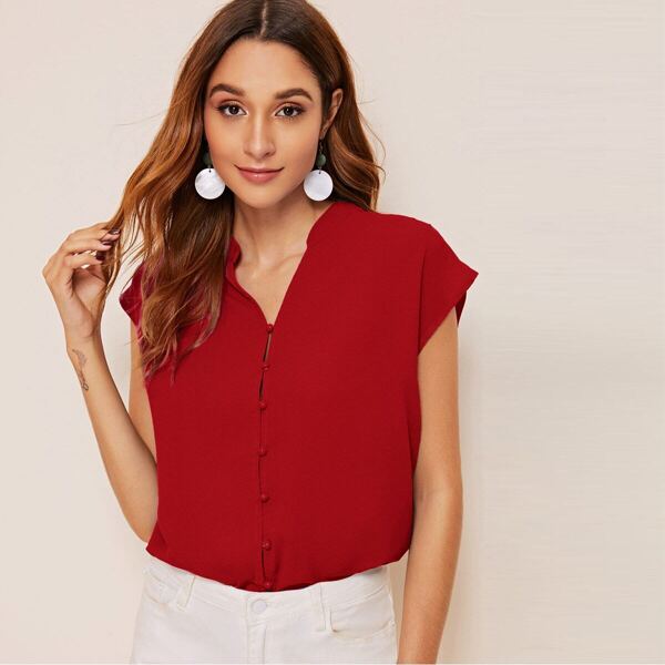 

V-cut Batwing Sleeve Button Front Top, Red bright