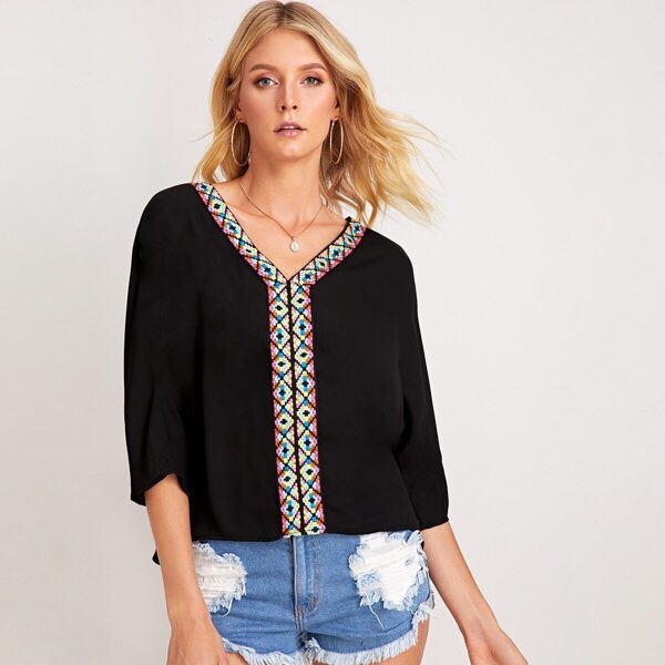 

Batwing Sleeve Embroidered Tape Top