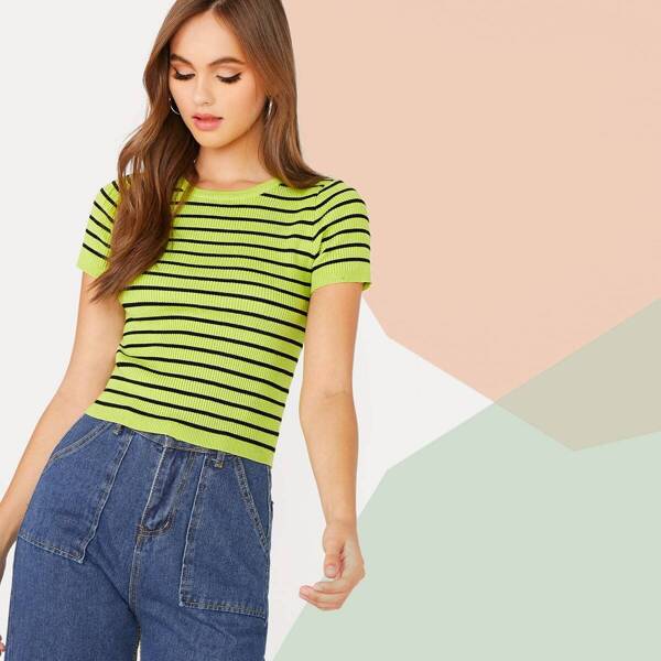 

Rib-knit Striped Fitted Knit Top, Green