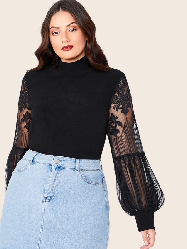 

Plus Mock Neck Lace Lantern Sleeve Fitted Top, Black, Marcelle Pallais