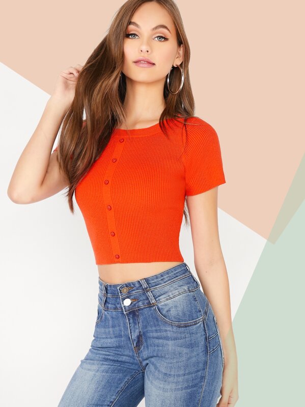 

Button Front Crop Knit Top, Orange, Lily Easton