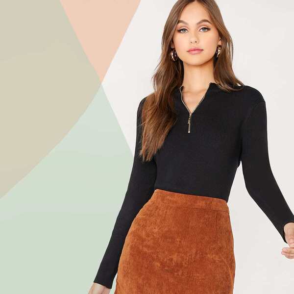 

Zipper Front Rib-knit Fitted Knit Top, Black