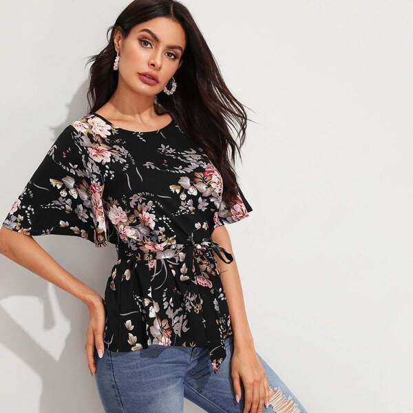 

Floral Print Flutter Sleeve Self Belted Top, Multicolor