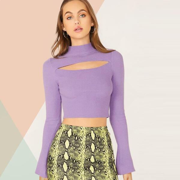

High Neck Cutout Front Crop Knit Top, Pastel lilac purple