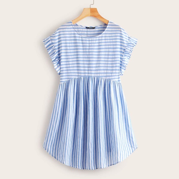 

Ruffle Cuff Curved Hem Striped Smock Dress, Blue and white