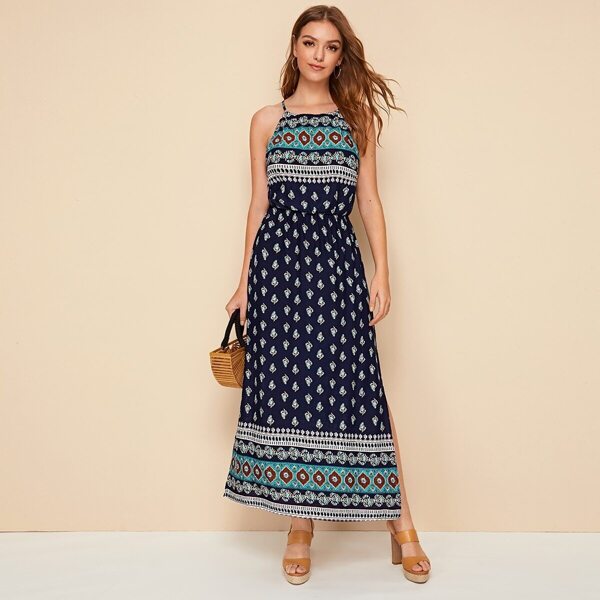 

Tribal Print Split Tie Back Blouson Halter Dress, Multicolor